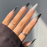 Anokhinaliza 24Pc Stiletto French False Nails Black Edge Designs Fake Nail with Rhinestone Almond Full Cover Nail Tips Wearable Press on Nail