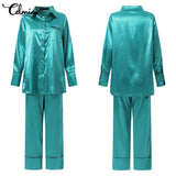 Anokhinaliza New Year Valentine's Day New Autumn Satin Sleepwear 2 Pieces Pajama Set Celmia Lapel Long Sleeves Tops and Long Pant Contrast Color Pocket Nightgown