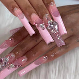 Anokhinaliza 24Pcs French Long Ballet Nails Set Press on Long False Nails with Pink Rhinestone Wearable Coffin Fake Nails Full Cover Nail Tip