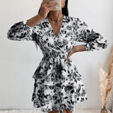 Anokhinaliza Women's Sexy V Neck Long Sleeve Mini Dress Boho Floral Print High Waist Elegant Women Clothing Ruffle Office Party Dresses Robe