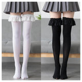 Anokhinaliza Lolita Velvet Knee Length Lace Edge Stockings For Women Comic Cosplay Stockings Thigh High Women's Calf Socks Black White