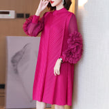 Anokhinaliza Appliques Dress For Female Half High Collar Puff Sleeve Straight Loose Waist Fold Pleated Dresses Women  Spring New