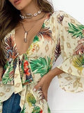 Anokhinaliza Tropical Print Bell Sleeve Blouse Tops Women