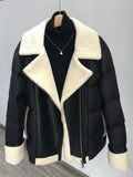 Anokhinaliza New Winter Motorcycle Jacket Women High Street Faux Lamb Leather Patchwork White Duck Down Coat Lady Thick Warm PU Outwear