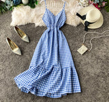 Anokhinaliza High Waist Plaid A Line Vestido Holiday Beach Elegant Ruffles Sleeveless Spaghetti Strap Dress V Neck Summer Ropa