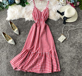 Anokhinaliza High Waist Plaid A Line Vestido Holiday Beach Elegant Ruffles Sleeveless Spaghetti Strap Dress V Neck Summer Ropa