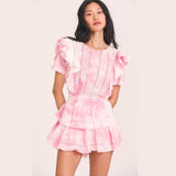 Anokhinaliza Summer Short Sleeve Vocation Women White Mini Dress Holiday Lace Ruffled Dress Pink