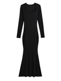 Anokhinaliza Sexy Square Collar Knitted Cotton Maxi Long Mermaid Dress Women Full Sleeve Stretch Basic Bodycon Fishtail Robe Vestido