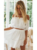 Anokhinaliza Summer Two Piece Sets Women Bohemian Casual Beach Skirts 2Pcs Sets Lace Off Shoulder Crop Tops and Short Pleated Skirt