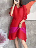 Anokhinaliza Casual Colorblock Dress For Women V Neck Long Sleeve Patchwork Drawstring High Waist Slimming Dresses Female  Style