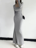 Anokhinaliza Sexy Square Collar Knitted Cotton Maxi Long Mermaid Dress Women Full Sleeve Stretch Basic Bodycon Fishtail Robe Vestido