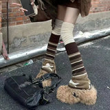 Anokhinaliza Japanese Striped Brown Star Leg Warmers Knitted Double-sided Woolen Stocking Flared Y2K Leg Cover Jk Winter Stocking Stockings