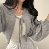 Anokhinaliza Thin White Cardigan Bandage Lantern Sleeve Short Coat Pull Femme Knitwear Top Girl Cardigan Korean Style Casual T Shirt