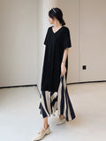 Anokhinaliza Summer New Korea Woman Dress Vestidos Robe Elbise Loose Plus Size Patchwork Silk Velvet Stripe Short Sleeve Long Dress