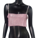 Anokhinaliza Sequin Shiny Crystal Chain Tank Top Glitter Metal Mesh Halter Metallic Strap Crop Tops Festival  Party Sexy Women Outfits