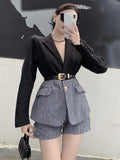 Anokhinaliza mid size graduation outfit romantic style teen swag clean girl ideas 90s latina aesthetic freaknik tomboy swaggy going out Korean Elegant Patchwork Plaid Two Piece Set For Women Lapel Long Sleeve Sashes Blazer Shorts Casual Sets Female