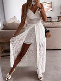 Anokhinaliza Summer V Neck Solid Color Lace Hollow-Out Sleeveless Sling Party Wear High Waist Rompers Holiday Casual White Women's Jumpsuit