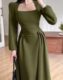 Anokhinaliza Folds Puff Sleeve Corsets Women Midi Dress Sexy Elegant Bodycon Autumn Elegant Party Casual Lady Long Dress Streetwear