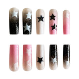 Anokhinaliza 24pcs y2k Fake Nails Black White Star Printed Press on Nail Tips Long Coffin European Artificial Nail Patch for Girl Women