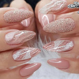 Anokhinaliza 24Pcs Pink Almond False Nails Shiny Golden Ripples Stiletto Fake Nails Detachable Oval Full Cover Press on Nails Tips Manicure