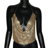 Anokhinaliza Festival Brilliant Rhinestone Backless Party Crop Top Women Summer Glitter Evening V Neck Diamonds Metal Tank Tops