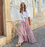 Anokhinaliza Summer Long Patchwork Print A-Line Skirt Floral Skirt Women Casual Beach Faldas Female Boho Elastic Waist Holiday Maxi Skirts