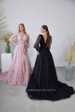 Anokhinaliza prom dresses tutu quince dresses  dama dresses  New Arrival V-neck Long Sleeve Formal Black Tulle Evening Dresses Sexy Front Split Backless Party Prom Evening Gowns