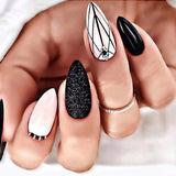 Anokhinaliza 24Pc Stiletto French False Nails Black Edge Designs Fake Nail with Rhinestone Almond Full Cover Nail Tips Wearable Press on Nail