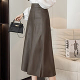 Anokhinaliza New Autumn Winter PU Leather mi-long Women's Skirts with Belted High Waist A-line Skirt Mid-calf Umbrella Skirts