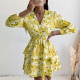 Anokhinaliza Women's Sexy V Neck Long Sleeve Mini Dress Boho Floral Print High Waist Elegant Women Clothing Ruffle Office Party Dresses Robe