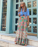 Anokhinaliza Summer Long Patchwork Print A-Line Skirt Floral Skirt Women Casual Beach Faldas Female Boho Elastic Waist Holiday Maxi Skirts