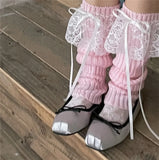 Anokhinaliza Japanese JK Lolita Girls Bow Streamer Leg Socks Knitted Lace Leg Cover Pile Socks Japanese Y2K Leg Warmers Accessories