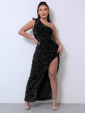 Anokhinaliza One Shoulder Wrap Split Thigh Sequin Formal Dress Medium Black Dress Wrap Hip Dress Party Dress Importan Occasion Dress