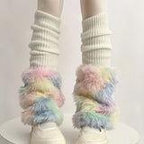 Anokhinaliza Cute Colorful Rainbow Leg Warmer Plush Imitation Fur Japanese Women Knitted Over Knee Tube  Winter Warm Long Leg Cover Socks