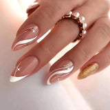 Anokhinaliza 24Pcs Pink Almond False Nails Shiny Golden Ripples Stiletto Fake Nails Detachable Oval Full Cover Press on Nails Tips Manicure