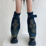 Anokhinaliza Punk Gothic Cross Denim Leg Warmers Harajuku Boot Cuffs Sock Y2K Star Strap Leg Covers Personalized Calf Socks Y2k Accessories