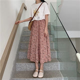 Anokhinaliza Vintage Floral Print A-line Pleated Long Skirts Summer Women Korean Skirt Streetwear Drawstring Elastic Waist Midi Skirt