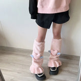 Anokhinaliza Kawaii Pink Love Heart Fur Leg Warmers Winter Y2K Sweet Leg Covers Rabbit Bow Plush Fur Warm Harajuku Boot Cuffs JK Lolita Sock