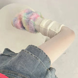 Anokhinaliza Cute Colorful Rainbow Leg Warmer Plush Imitation Fur Japanese Women Knitted Over Knee Tube  Winter Warm Long Leg Cover Socks