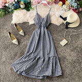 Anokhinaliza High Waist Plaid A Line Vestido Holiday Beach Elegant Ruffles Sleeveless Spaghetti Strap Dress V Neck Summer Ropa