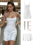 Anokhinaliza A line Satin White Dress sexy Crystal Stone Strap Club Party Dresses with lining Mini Summer Dresses Woman High Quality