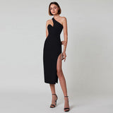 Anokhinaliza Elegant Neon Sexy Y2K Outfits Inclined Shoulder Sleeveless Backless Side Slit Bodycon Midi Dresses For Women Club Party