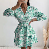 Anokhinaliza Women's Sexy V Neck Long Sleeve Mini Dress Boho Floral Print High Waist Elegant Women Clothing Ruffle Office Party Dresses Robe