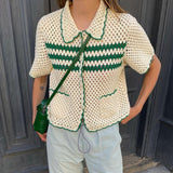 Anokhinaliza Retro Green Stripe Knitted Cardigan Tops Women Button Up Short Sleeve Crochet Blouse Shirts Preppy Style Sweaters Y2K