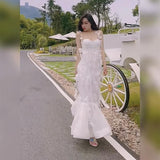 Anokhinaliza Party Dresses White Pretty Elegant Mermaid Prom Spaghetti Strap Sleeveless 3D Flowers With Chest Pad Appliques Women Dress Made