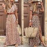 Anokhinaliza Boho Long Dress for Women Fashion V Neck Short Sleeve Paisley Print Dresses Summer Belt Large Hem Beach Dress Elegant Maxi Dress