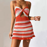 Anokhinaliza Women Y2K Knitted Dress Spaghetti Strap Knitted Twisted V Neck Cut Out Mini Dress  Summer Bohemian Casual Sexy Beachwear