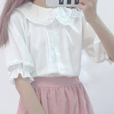 Anokhinaliza White Shirt Kawaii Peter Pan Collar Preppy Style Blouses Woman Sweet Ruffle Short Sleeve Tops Summer Fashion