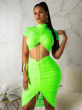 Anokhinaliza Neon Green Yellow Sexy Two Piece Set Women Turtleneck Short Sleeve Crop Top+ Pleated Bodycon Dress Tracksuit 2 Piece Club Outfit