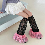 Anokhinaliza Y2K Star Lace Leg Socks Black pink Colored Sweet Leg Covers Wide Harajuku Japanese Knee High Boots Leg Cover JK Breathable Socks